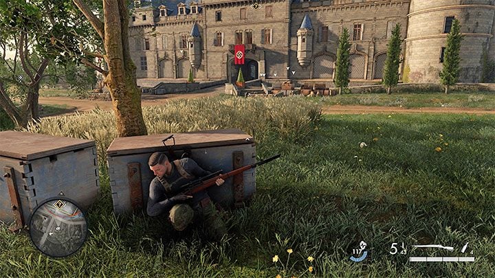 The main entrance to the chateau seems to be the most obvious, but it's heavily guarded - Sniper Elite 5: Mission 2 (Occupied Residence) map and description of the location - Mission 2 - Occupied Residence - Sniper Elite 5 Guide, Walkthrough