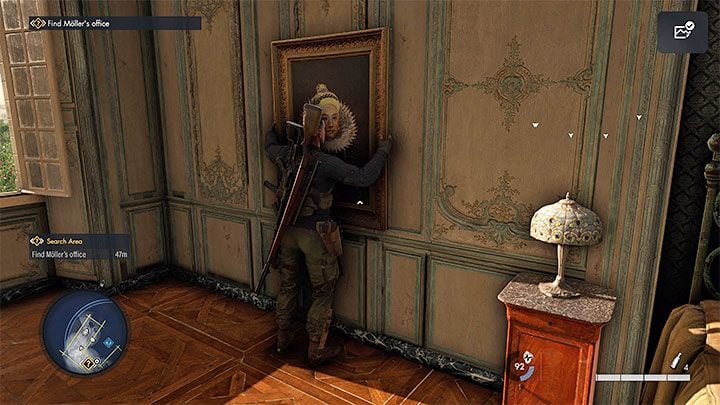 Now interact with the painting on the wall to move it and reveal the safe - Sniper Elite 5: Retrieving stolen antiques (Mission 2 side quest) - walkthrough - Mission 2 - Occupied Residence - Sniper Elite 5 Guide, Walkthrough