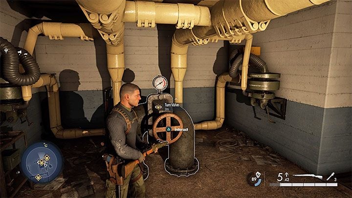 You have to reach 2 valves - check the corridors under the command center in the Hidden Facility - Sniper Elite 5: Destroying the Kraken Prototype (mission 5) - walkthrough - Mission 5 - Festung Guernsey - Sniper Elite 5 Guide, Walkthrough