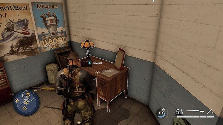 With the Submarine Pen Scuttle Code you have obtained, go through the corridor towards the ladder shown in picture 1 - Sniper Elite 5: Destroying the Kraken Prototype (mission 5) - walkthrough - Mission 5 - Festung Guernsey - Sniper Elite 5 Guide, Walkthrough