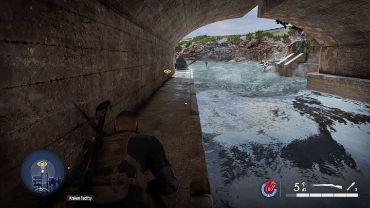 Go towards the exit from the dock to get away from the place where the explosion will happen soon - Sniper Elite 5: Destroying the Kraken Prototype (mission 5) - walkthrough - Mission 5 - Festung Guernsey - Sniper Elite 5 Guide, Walkthrough