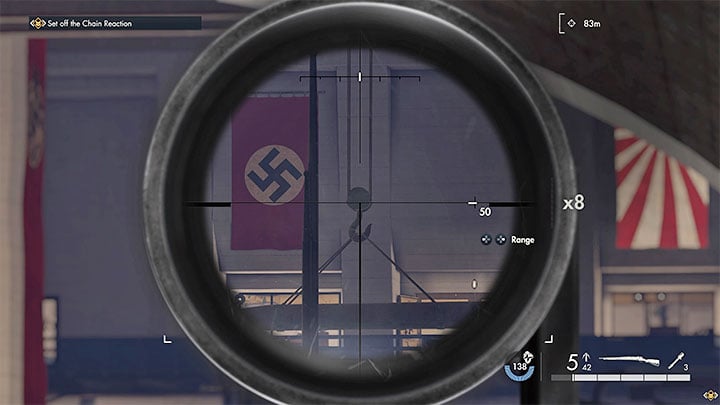 Turn towards the submarine and aim at the hook supporting the torpedo - Sniper Elite 5: Destroying the Kraken Prototype (mission 5) - walkthrough - Mission 5 - Festung Guernsey - Sniper Elite 5 Guide, Walkthrough