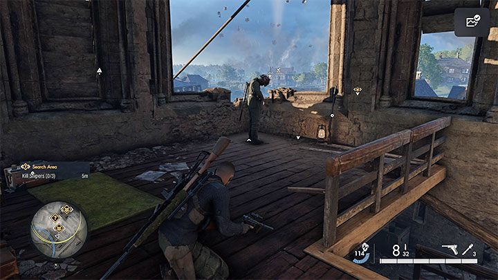 You can eliminate the snipers by shooting them or by reaching their nests and executing stealth takedowns - Sniper Elite 5: Securing the crossing (mission 6) - walkthrough - Mission 6 - Liberation - Sniper Elite 5 Guide, Walkthrough