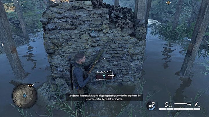 After reaching the bridge, go down to the shallow river - Sniper Elite 5: Securing the crossing (mission 6) - walkthrough - Mission 6 - Liberation - Sniper Elite 5 Guide, Walkthrough