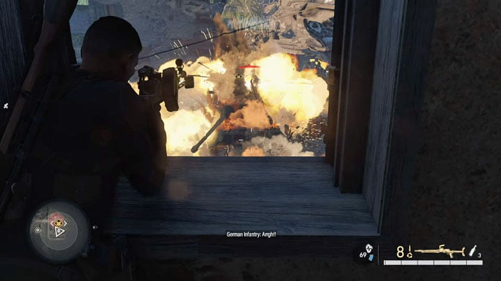 Aim for the weak spot by the destroyed exhaust - Sniper Elite 5: Liberating the northern town (mission 6) - walkthrough - Mission 6 - Liberation - Sniper Elite 5 Guide, Walkthrough