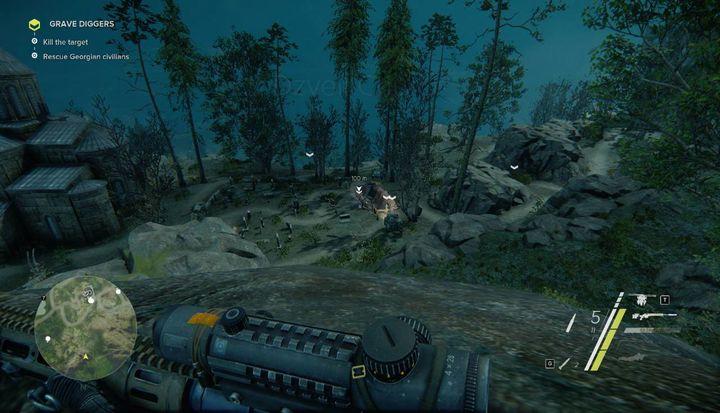 From this spot, you can use your sniper rifle to take out all the bad guys - Grave Diggers | Act 1 | Walkthrough - Act 1 - Sniper: Ghost Warrior 3 Game Guide