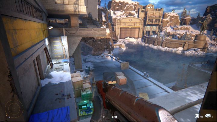 After crossing the bridge, turn right and continue along the path. - Sniper Ghost Warrior Contracts: Kolchak Harbor Walkthrough - Sniper Ghost Warrior Contracts: Walkthrough - Sniper Ghost Warrior Contracts Guide