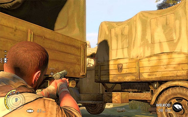 One of your enemies is in the truck - Sniper Elite 3 Afrika: Destroying the first artillery station - Sniper Elite 3 Afrika: Mission 3 - Halfaya Pass - Sniper Elite III: Afrika Game Guide