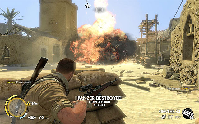 The best idea is to use dynamite to destroy the tank - Sniper Elite 3 Afrika: Destroying the tank - Sniper Elite 3 Afrika: Mission 5 - Siwa Oasis - Sniper Elite III: Afrika Game Guide
