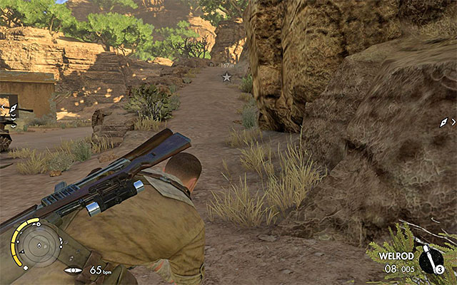 The path up the hill, to the south of the launcher - Sniper Elite 3 Afrika: Destroying the first rocket launcher - Sniper Elite 3 Afrika: Mission 6 - Kasserine Pass - Sniper Elite III: Afrika Game Guide