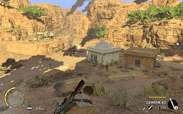 The hill provides you with a good view of the area around the launcher - Sniper Elite 3 Afrika: Destroying the first rocket launcher - Sniper Elite 3 Afrika: Mission 6 - Kasserine Pass - Sniper Elite III: Afrika Game Guide
