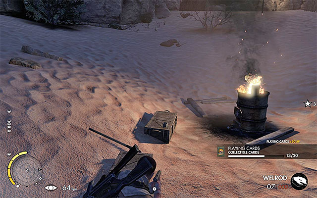 The collectible card has been placed in a secluded spot - Sniper Elite 3 Afrika: Exploration of the eastern part of the airfield - Sniper Elite 3 Afrika: Mission 7 - Pont Du Fahs Airfield - Sniper Elite III: Afrika Game Guide