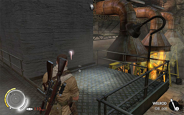 The spot to plant an explosive in the North-Eastern part of the hall - Sniper Elite 3 Afrika: Planting four explosives at the pillars - Sniper Elite 3 Afrika: Mission 8 - Ratte Factory - Sniper Elite III: Afrika Game Guide