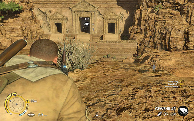 This soldier may be patrolling the area in front of the building, or occupy the interior of the temple - Sniper Elite 3 Afrika: Weapon Parts Collectibles - Mission 6 - Sniper Elite 3 Afrika: Collectibles - Mission 6 - Sniper Elite III: Afrika Game Guide