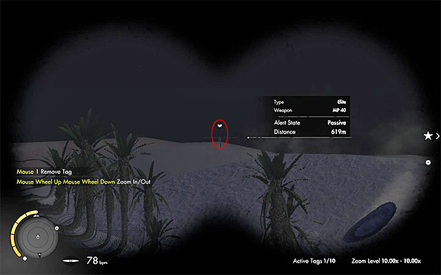 After you have taken your position in the nest, lay down on the ground and target the sniper rifle at the enemy, who is standing more than 600 meters away, to the South of you - Sniper Elite 3 Afrika: Long Shots Collectibles - Mission 7 - Sniper Elite 3 Afrika: Collectibles - Mission 7 - Sniper Elite III: Afrika Game Guide