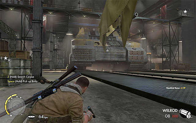 The target is patrolling around the huge tanks in the center of the hall - Sniper Elite 3 Afrika: Weapon Parts Collectibles - Mission 8 - Sniper Elite 3 Afrika: Collectibles - Mission 8 - Sniper Elite III: Afrika Game Guide