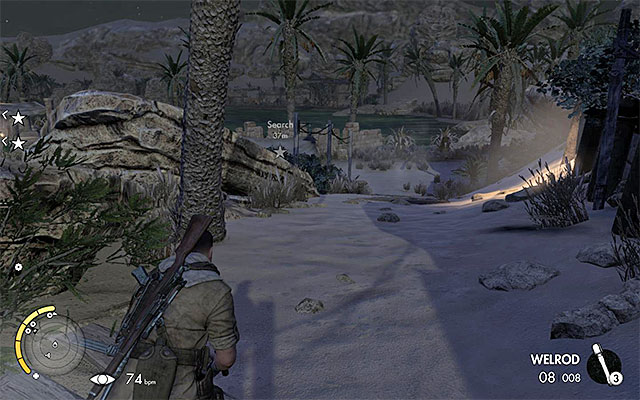 Using the south passage is the safest approach. - Sniper Elite 3 Afrika: Eliminating the first enemy officer - Sniper Elite 3 Afrika: Mission 2 - Gaberoun - Sniper Elite III: Afrika Game Guide