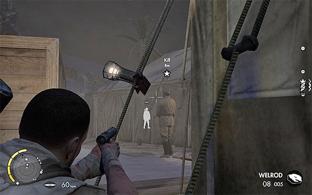 Its best to eliminate the officer when hes on the back of the tent. - Sniper Elite 3 Afrika: Eliminating the second enemy officer - Sniper Elite 3 Afrika: Mission 2 - Gaberoun - Sniper Elite III: Afrika Game Guide