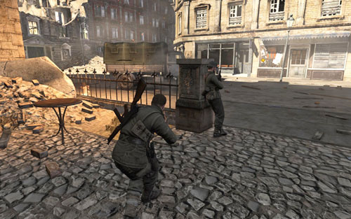 Right at the beginning you will get the chance to kill the first soldier silently - if you care about points, you should consider using the pistol for that - Mission 1 - Schoneberg Convoy - p. 1 - Walkthrough - Sniper Elite V2 Game Guide & Walkthrough