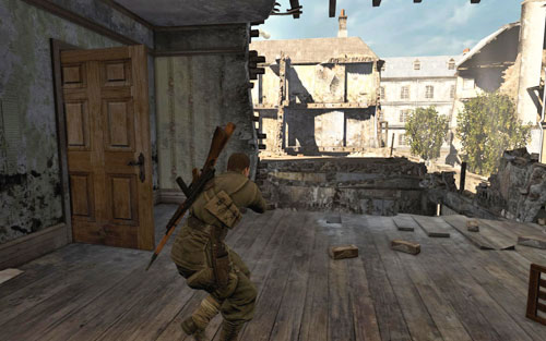 Go up the stairs - look out for another soldier in the next room - Mission 1 - Schoneberg Convoy - p. 1 - Walkthrough - Sniper Elite V2 Game Guide & Walkthrough