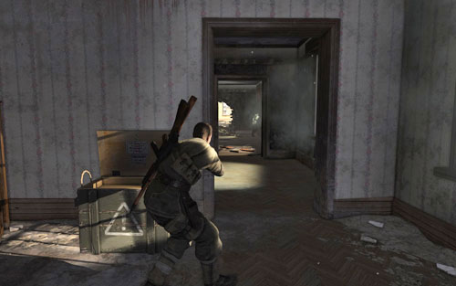 After heading inside, you should restock on ammunition which can be found inside the crate - Mission 1 - Schoneberg Convoy - p. 1 - Walkthrough - Sniper Elite V2 Game Guide & Walkthrough