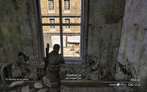 Move onwards - however before you head down, lean out through one of the windows - you should be able to see one soldier leaning against a wall - its worth to eliminate him quietly now - Mission 1 - Schoneberg Convoy - p. 1 - Walkthrough - Sniper Elite V2 Game Guide & Walkthrough