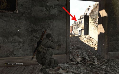 Before heading outside, stop before the door - on the roof of the building which can be seen from this spot you will find a sniper (distance: ~108m, headshot: first scale) - Mission 1 - Schoneberg Convoy - p. 2 - Walkthrough - Sniper Elite V2 Game Guide & Walkthrough