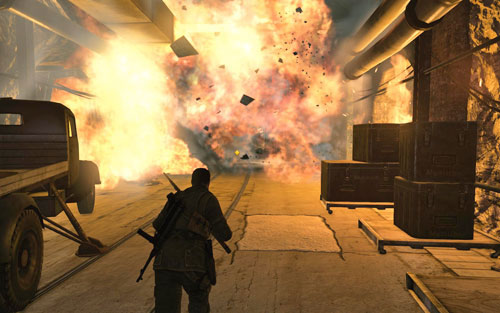 Gradually, the whole place will start exploding - Mission 2 - Mittelwerk Facility - p. 2 - Walkthrough - Sniper Elite V2 Game Guide & Walkthrough