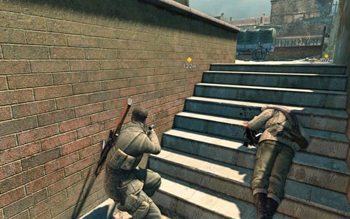 Very slowly move towards the stairs - by the truck theres another German - Mission 3 - Kaiser-Friedrich Museum - p. 1 - Walkthrough - Sniper Elite V2 Game Guide & Walkthrough