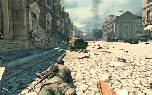 Crawl very slowly to the other side of the street - try not to get noticed by the sniper or the patrol - Mission 3 - Kaiser-Friedrich Museum - p. 2 - Walkthrough - Sniper Elite V2 Game Guide & Walkthrough