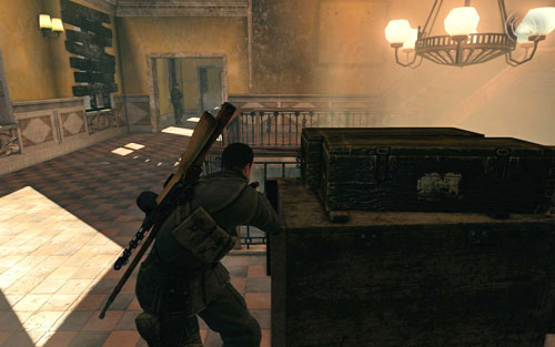 Go up the stairs onto the higher floor - there you will come across another patrolling German - Mission 4 - Opernplatz - p. 1 - Walkthrough - Sniper Elite V2 Game Guide & Walkthrough