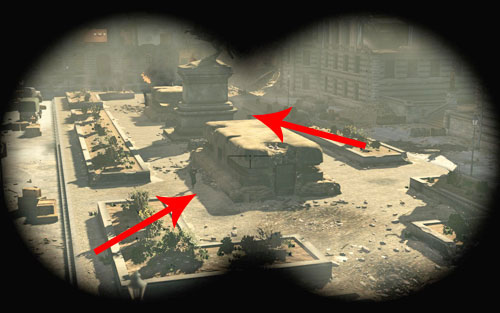 Afterwards deal with the two Germans in the middle - wait for both of them to be as close to you as possible and synchronize your shot with the explosion - Mission 4 - Opernplatz - p. 1 - Walkthrough - Sniper Elite V2 Game Guide & Walkthrough