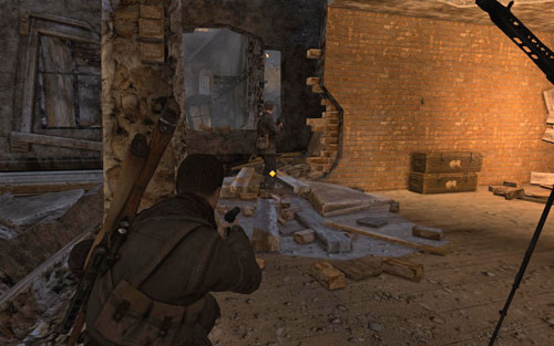 You can head further by either going into the building on the left or the little further opposite one - Mission 5 - St. Olibartus Church - p. 1 - Walkthrough - Sniper Elite V2 Game Guide & Walkthrough