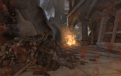 Inside the church you will come across three soldiers guarding this area, you should especially look out for the one by the barriers on the upper floor - Mission 5 - St. Olibartus Church - p. 2 - Walkthrough - Sniper Elite V2 Game Guide & Walkthrough