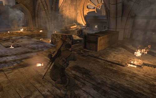 Head to the end and turn left to find a set of stairs leading up - Mission 5 - St. Olibartus Church - p. 2 - Walkthrough - Sniper Elite V2 Game Guide & Walkthrough