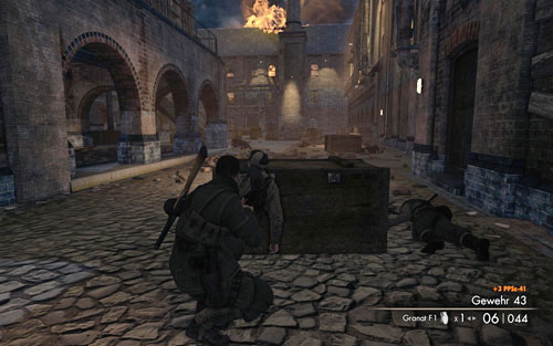 Move on very slowly and at some point a few more Germans which you will have to deal with will appear - Mission 6 - Tiergarten Flak Tower - p. 1 - Walkthrough - Sniper Elite V2 Game Guide & Walkthrough