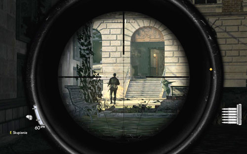 Firstly you should take care of the soldier inside the building, afterwards wait for one of the walking ones to approach the stairs and try to kill two during one explosion - Mission 8 - Kreuzberg Headquarters - p. 1 - Walkthrough - Sniper Elite V2 Game Guide & Walkthrough