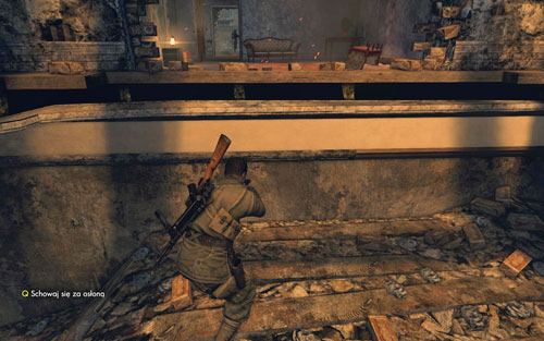 Go up the rubble, climb onto the upper floor and when the German will be facing the other direction - send him a bullet into the head - Mission 10 - Brandenburg Gate - p. 1 - Walkthrough - Sniper Elite V2 Game Guide & Walkthrough