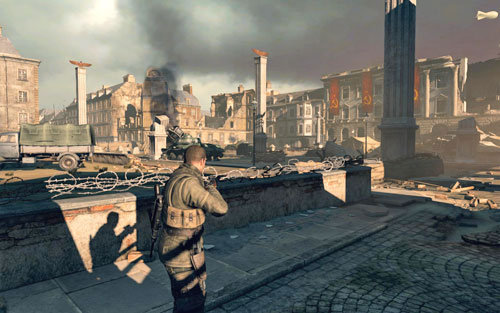 After clearing the square, you will be able to destroy the tank without having to worry about starting an alarm - Mission 10 - Brandenburg Gate - p. 2 - Walkthrough - Sniper Elite V2 Game Guide & Walkthrough