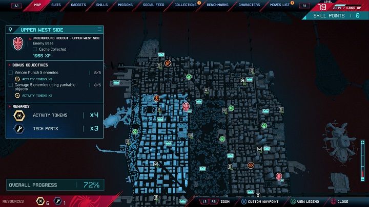 For destroying each Underground hideout, Miles will receive 1000 experience points, 3 tech parts, 4 tokens, and additional tokens for bonus tasks - Spider-Man Miles Morales: Underground hideouts - all locations, list - Laboratories and Hideouts - Spider-Man Miles Morales Guide