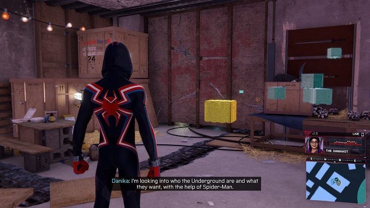 In the same room, behind the wall, you will find an Underground cache - Spider-Man Miles Morales: Underground hideouts - all locations, list - Laboratories and Hideouts - Spider-Man Miles Morales Guide
