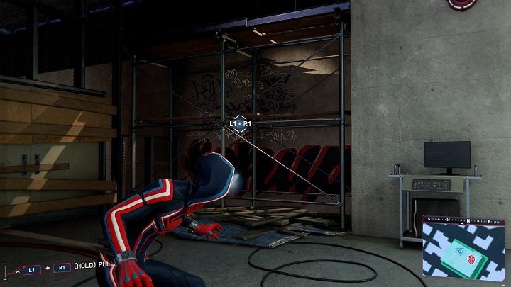 The door cannot be smashed with a venom blast, so get rid of the metal structure next to it (L1 R1) - Spider-Man Miles Morales: Underground hideouts - all locations, list - Laboratories and Hideouts - Spider-Man Miles Morales Guide
