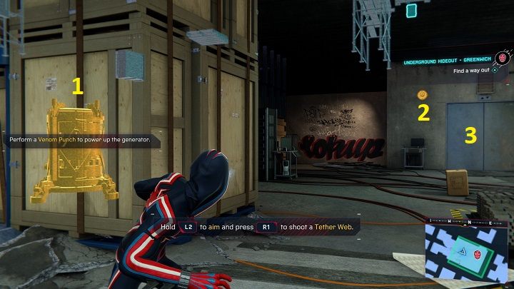 Destroy the hiding place beacon - Spider-Man Miles Morales: Underground hideouts - all locations, list - Laboratories and Hideouts - Spider-Man Miles Morales Guide