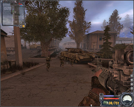 Enemy soldiers are defending themselves inside the large building to your right - Army Warehouses - Quests - part 3 - Walkthrough - S.T.A.L.K.E.R.: Clear Sky - Game Guide and Walkthrough