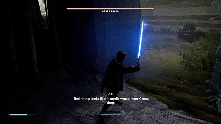 The cave is very dark, but you can use the lightsaber as a flashlight - Oggdo Bogdo (Bogano planet) | Fallen Order Boss - Bosses - Star Wars Jedi Fallen Order Guide