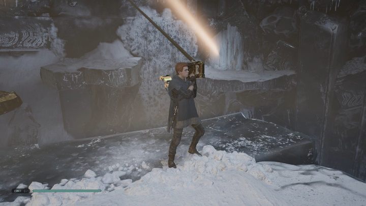 Your third task is to grab the line attached to the crystal and drag it so that the sunbeam is directed at the ice wall - How to unlock passage - Jedi Temple in Jedi Fallen Order? - Riddles - Star Wars Jedi Fallen Order Guide