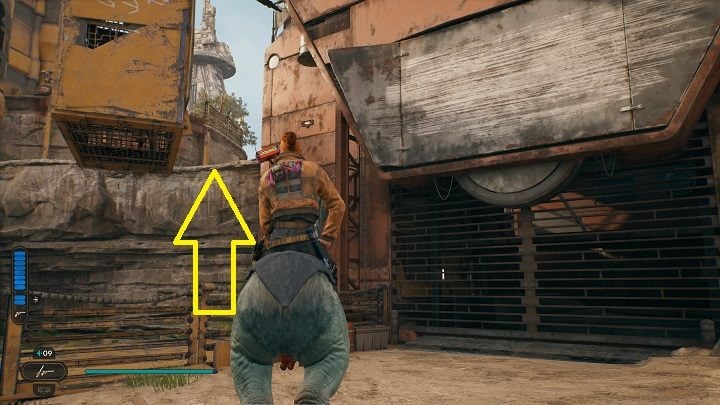 Mount a Nekko again and this time place yourself at the locked gate of a large building nearby - Jedi Survivor: Harvest Ridge - list of secrets - Koboh - Star Wars Jedi Survivor guide