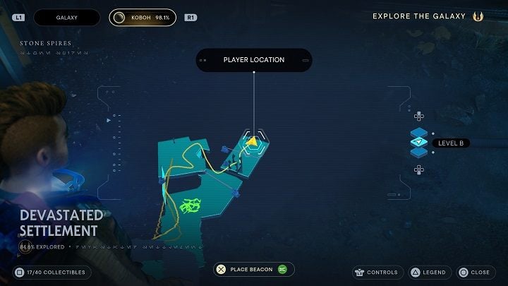 Jump down - watch out for Goroko - and make your way to the next room, jumping onto a high platform - Jedi Survivor: Devastated Settlement - list of secrets (Part 1) - Koboh - Star Wars Jedi Survivor guide