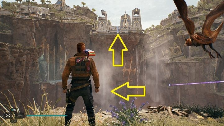 Grab the flying creature and head for the fume on the left, to reach a high shelf with the second meditation point - Jedi Survivor: Devastated Settlement - list of secrets (part 2) - Koboh - Star Wars Jedi Survivor guide