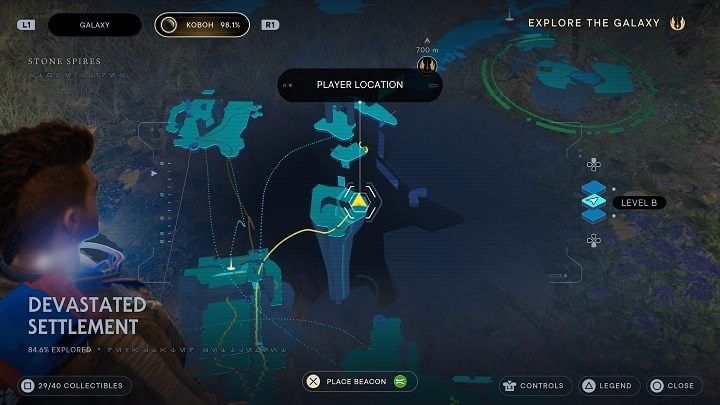 Grab the flying creature and reach the platform seen in the distance - Jedi Survivor: Devastated Settlement - list of secrets (part 2) - Koboh - Star Wars Jedi Survivor guide